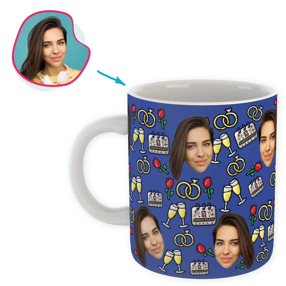 Darkblue Anniversary personalized mug with photo of face printed on it