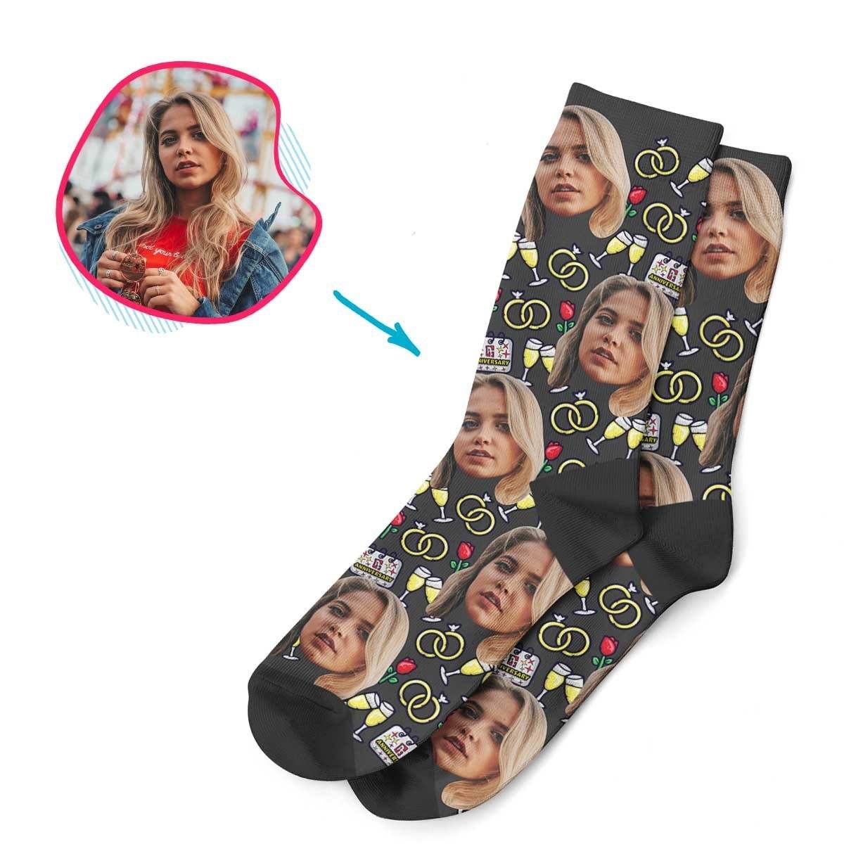 Dark Anniversary personalized socks with photo of face printed on them