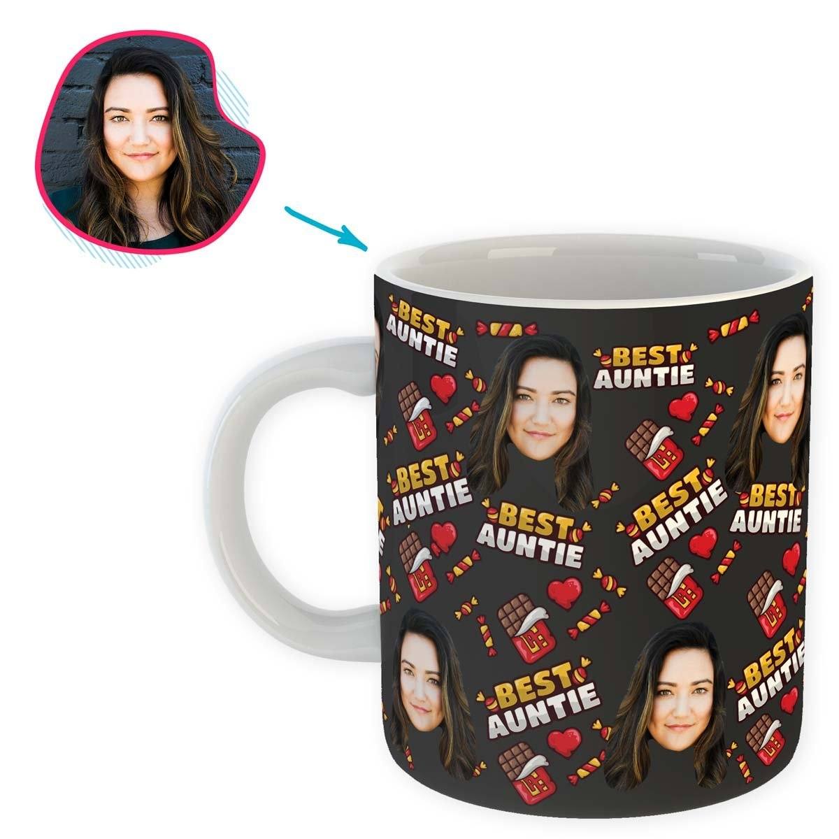 Dark Auntie personalized mug with photo of face printed on it