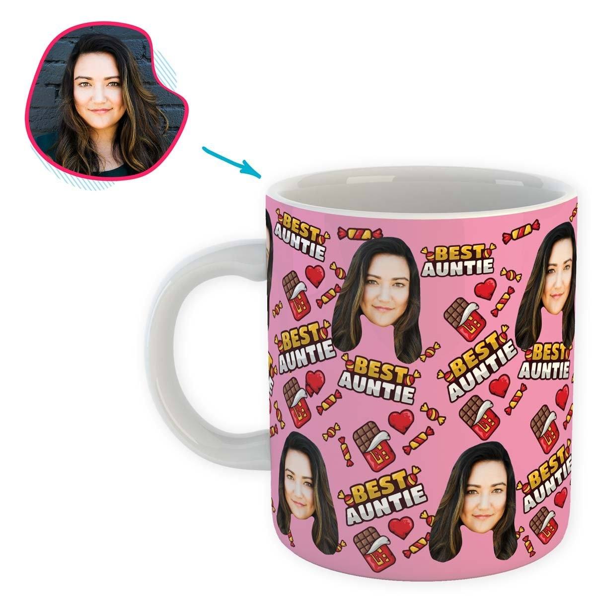 Pink Auntie personalized mug with photo of face printed on it