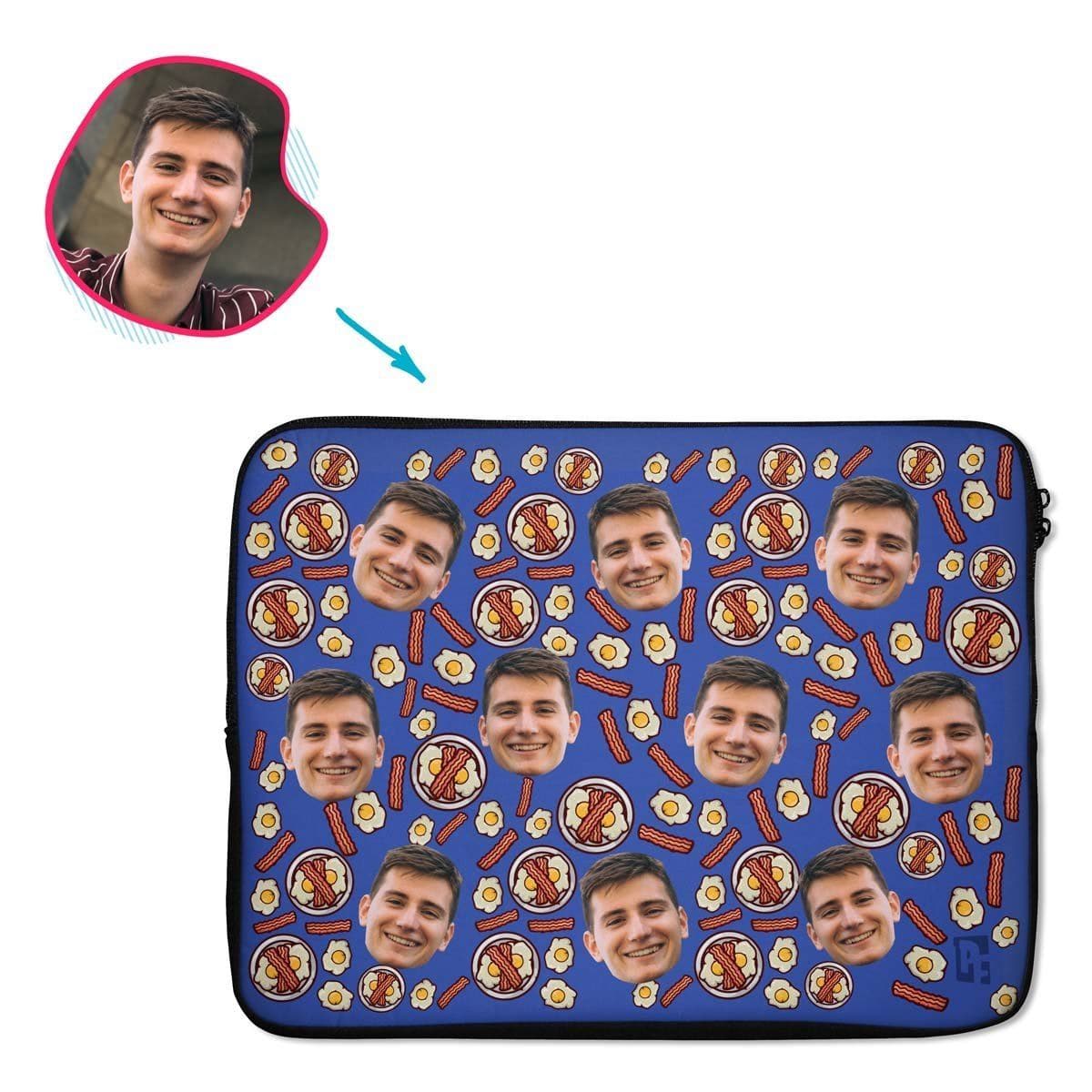darkblue Bacon and Eggs laptop sleeve personalized with photo of face printed on them
