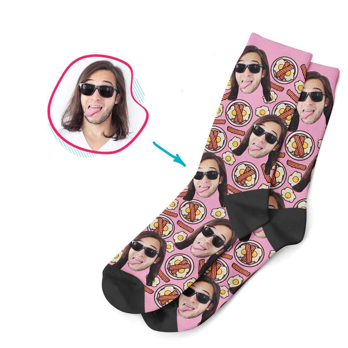 pink Bacon and Eggs socks personalized with photo of face printed on them