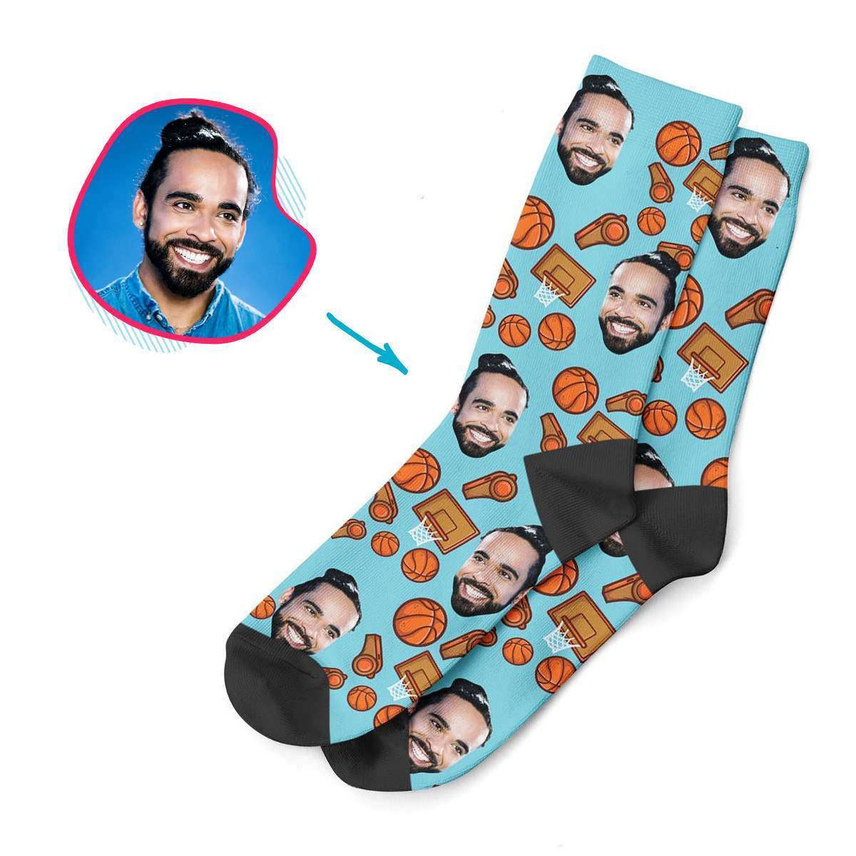blue Basketball socks personalized with photo of face printed on them