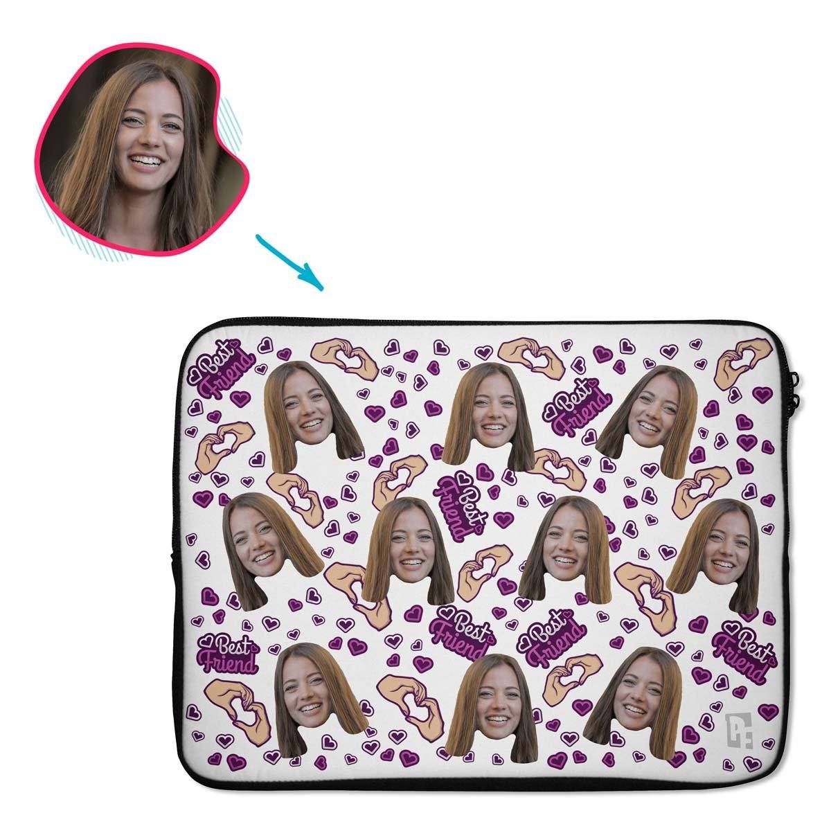 white BFF for Her laptop sleeve personalized with photo of face printed on them