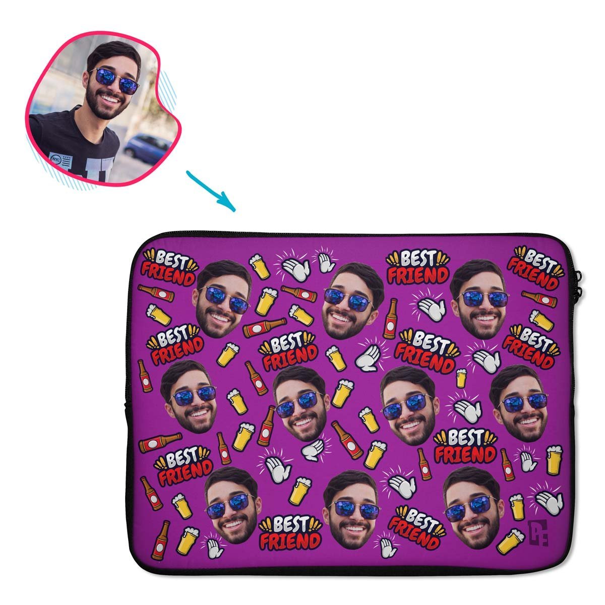 purple BFF for Him laptop sleeve personalized with photo of face printed on them