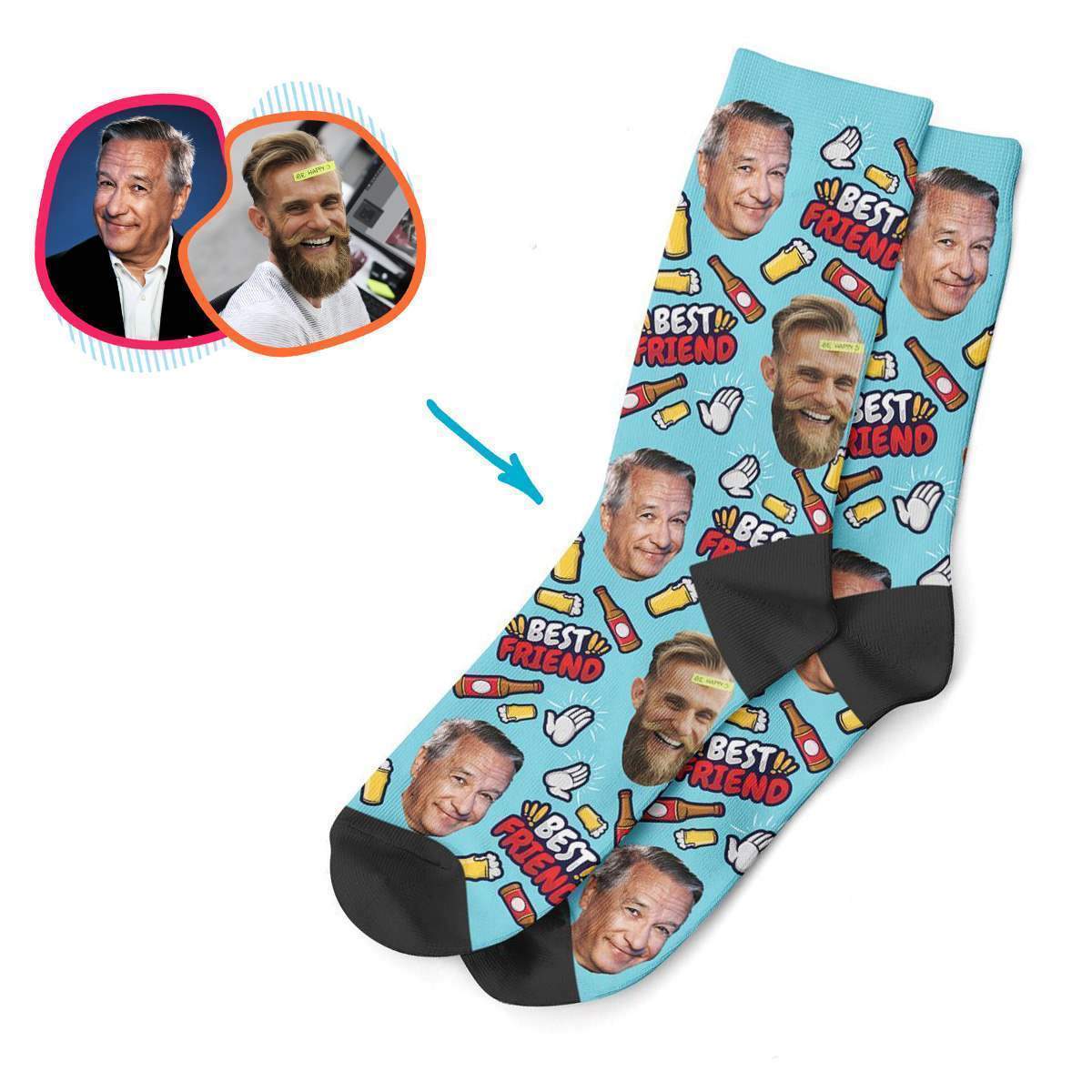 blue BFF for Him socks personalized with photo of face printed on them