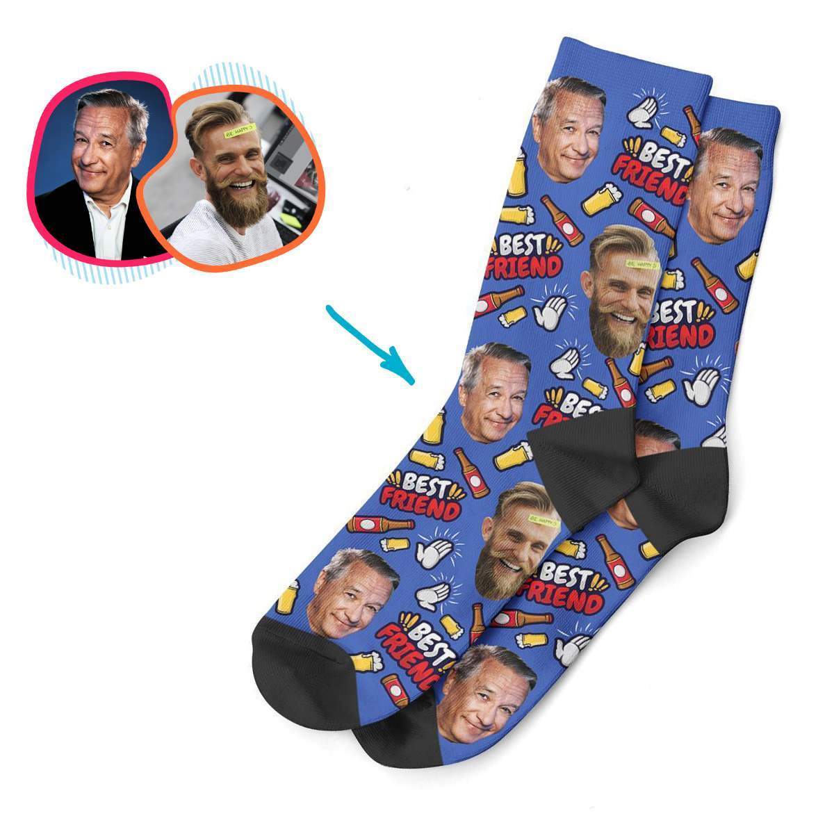 darkblue BFF for Him socks personalized with photo of face printed on them