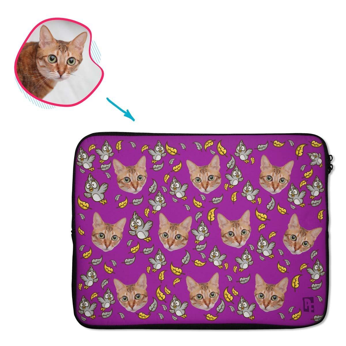 purple Bird laptop sleeve personalized with photo of face printed on them