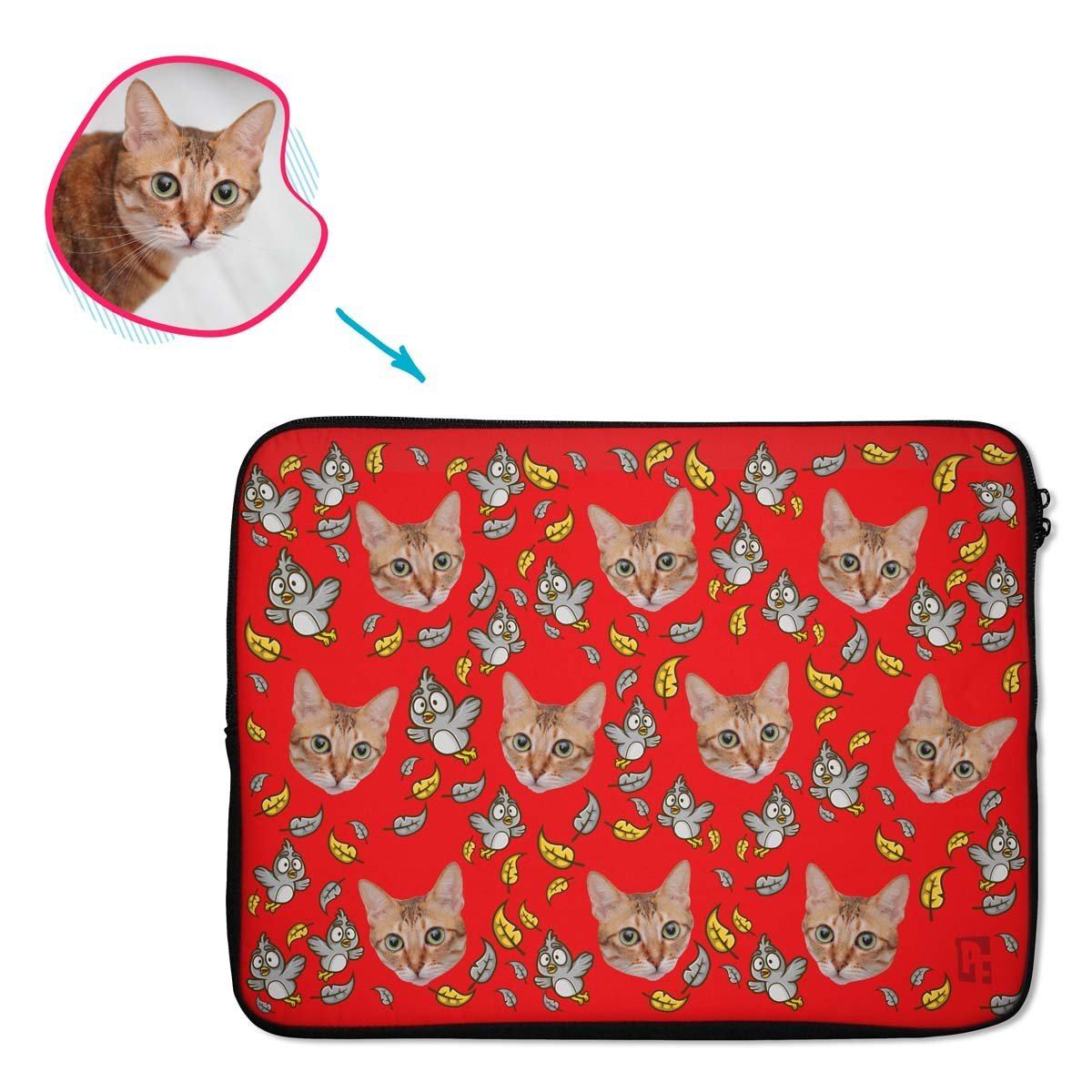 red Bird laptop sleeve personalized with photo of face printed on them