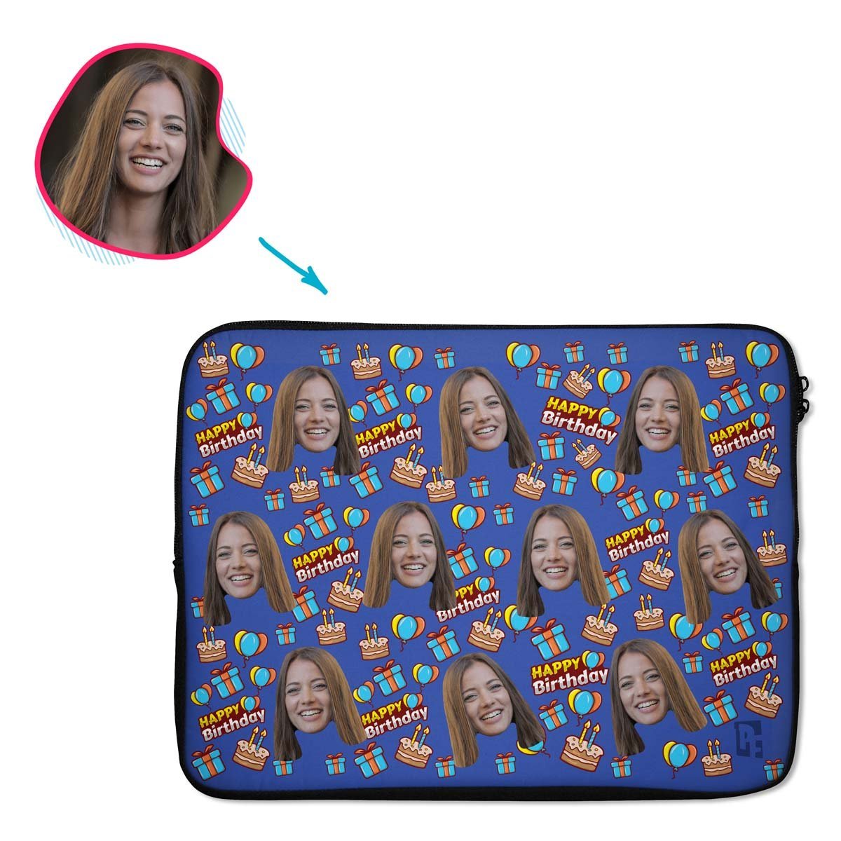 darkblue Birthday laptop sleeve personalized with photo of face printed on them