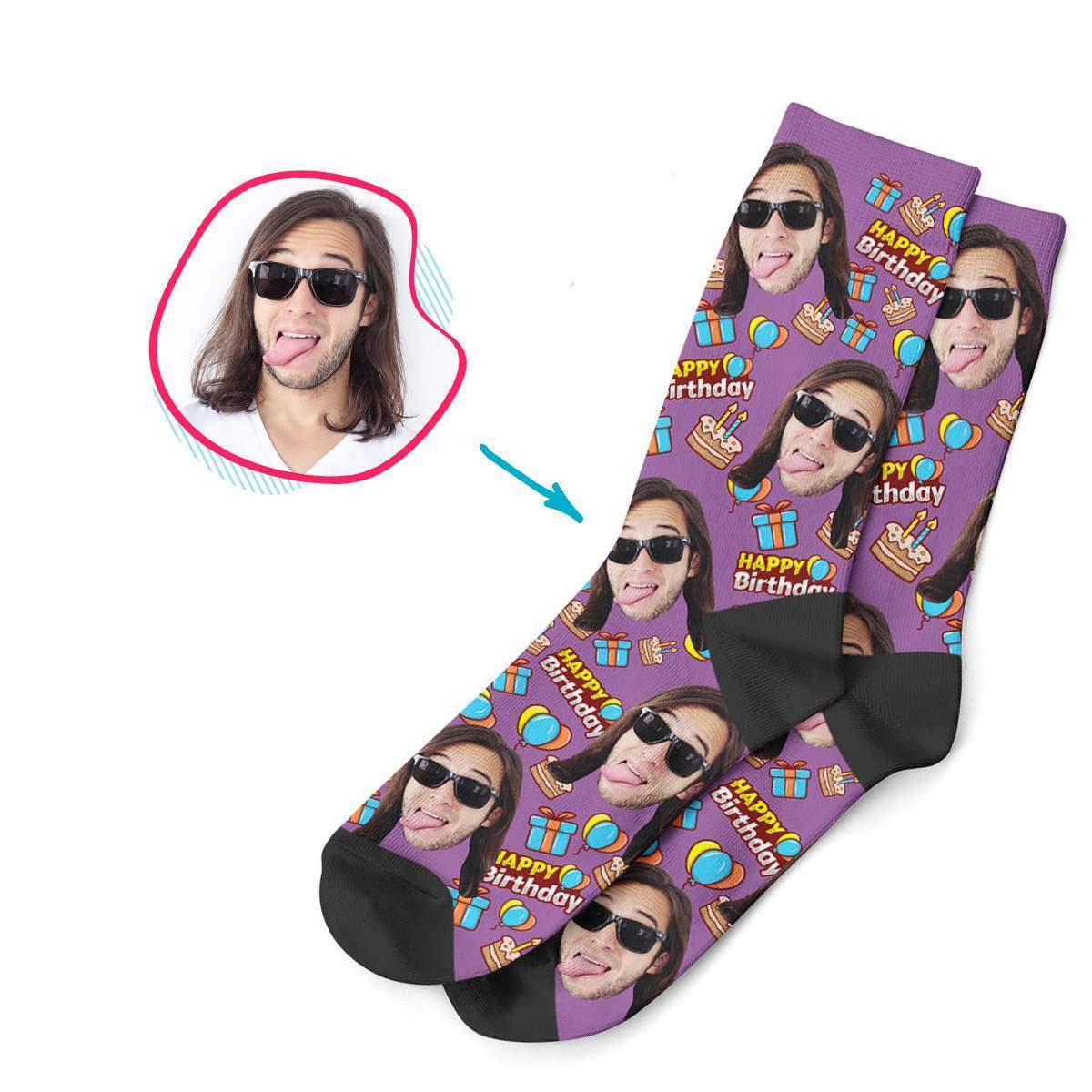 purple Birthday socks personalized with photo of face printed on them