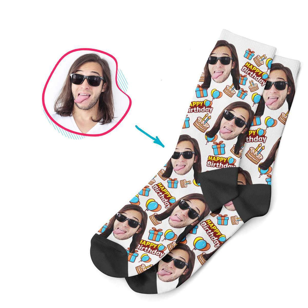 white Birthday socks personalized with photo of face printed on them