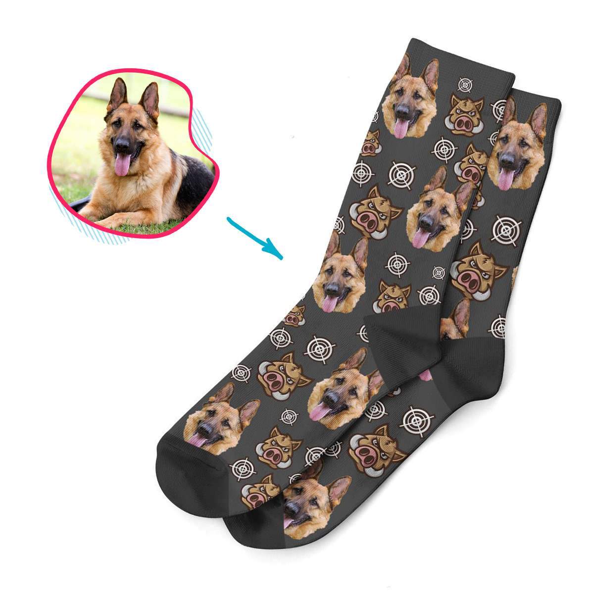 dark Boar Hunter socks personalized with photo of face printed on them