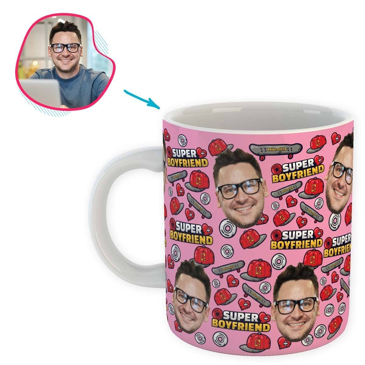 Pink Boyfriend personalized mug with photo of face printed on it