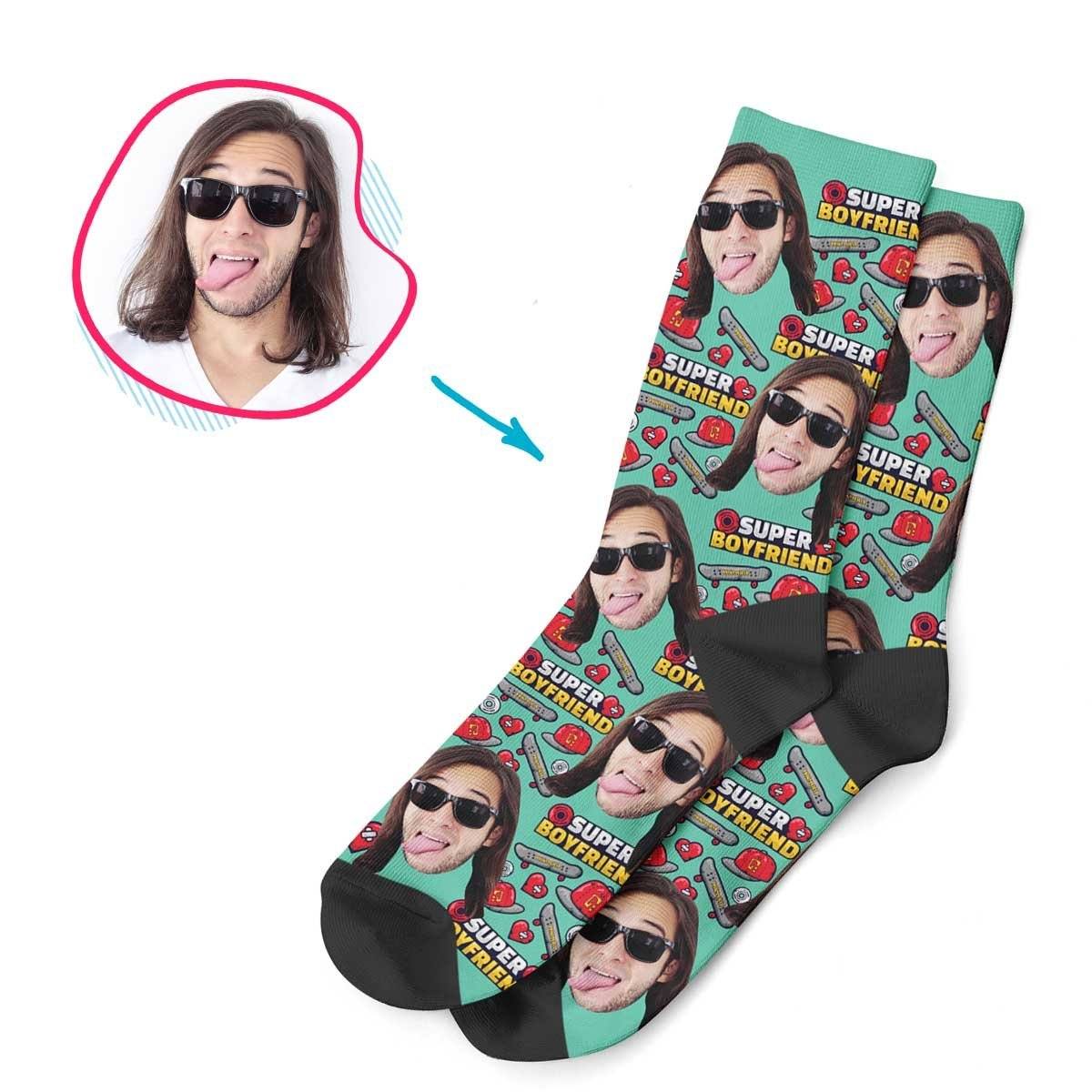Mint Boyfriend personalized socks with photo of face printed on them