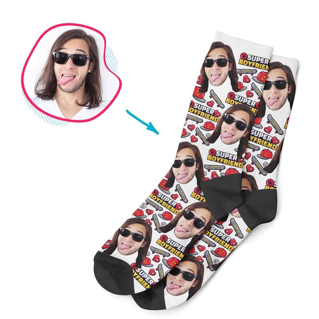 White Boyfriend personalized socks with photo of face printed on them