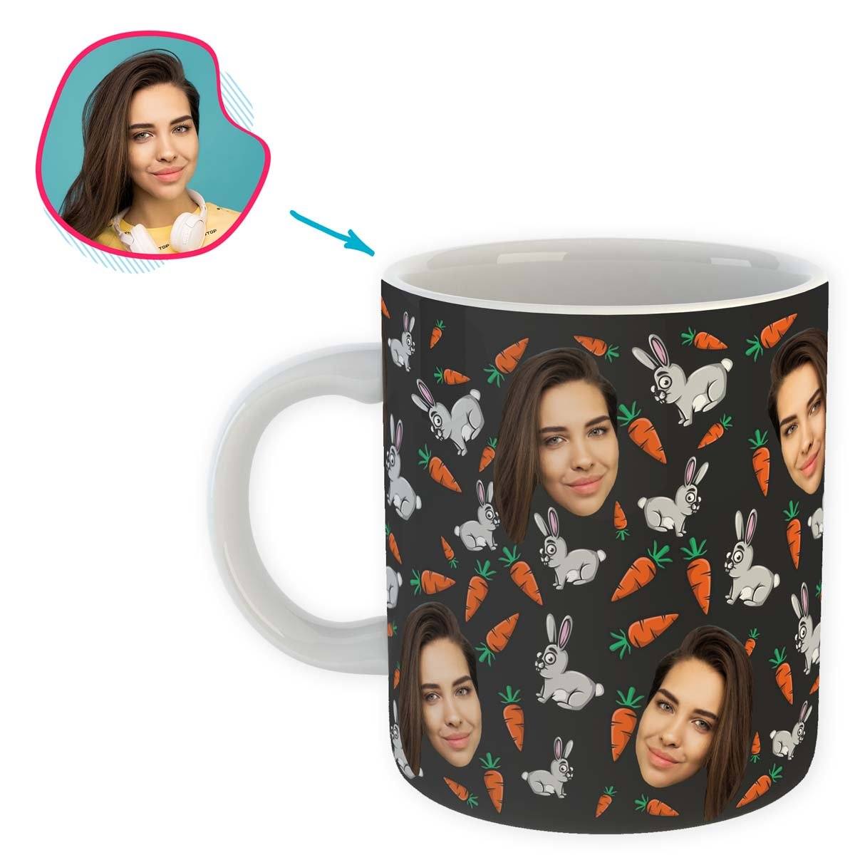 dark Bunny mug personalized with photo of face printed on it