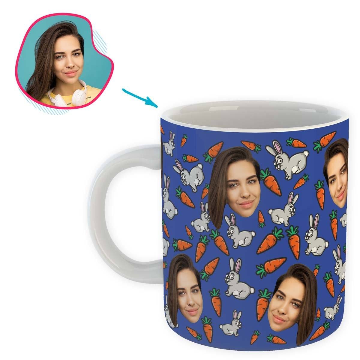 darkblue Bunny mug personalized with photo of face printed on it