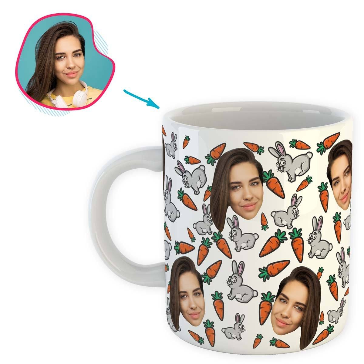 white Bunny mug personalized with photo of face printed on it