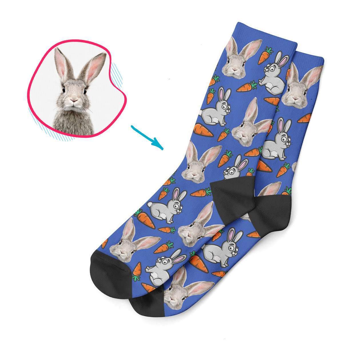 darkblue Bunny socks personalized with photo of face printed on them