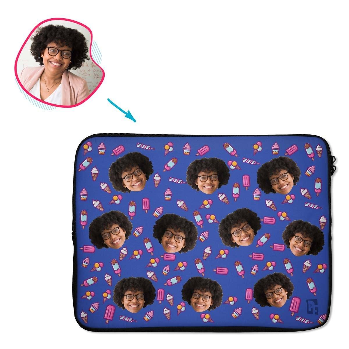 darkblue Candies laptop sleeve personalized with photo of face printed on them