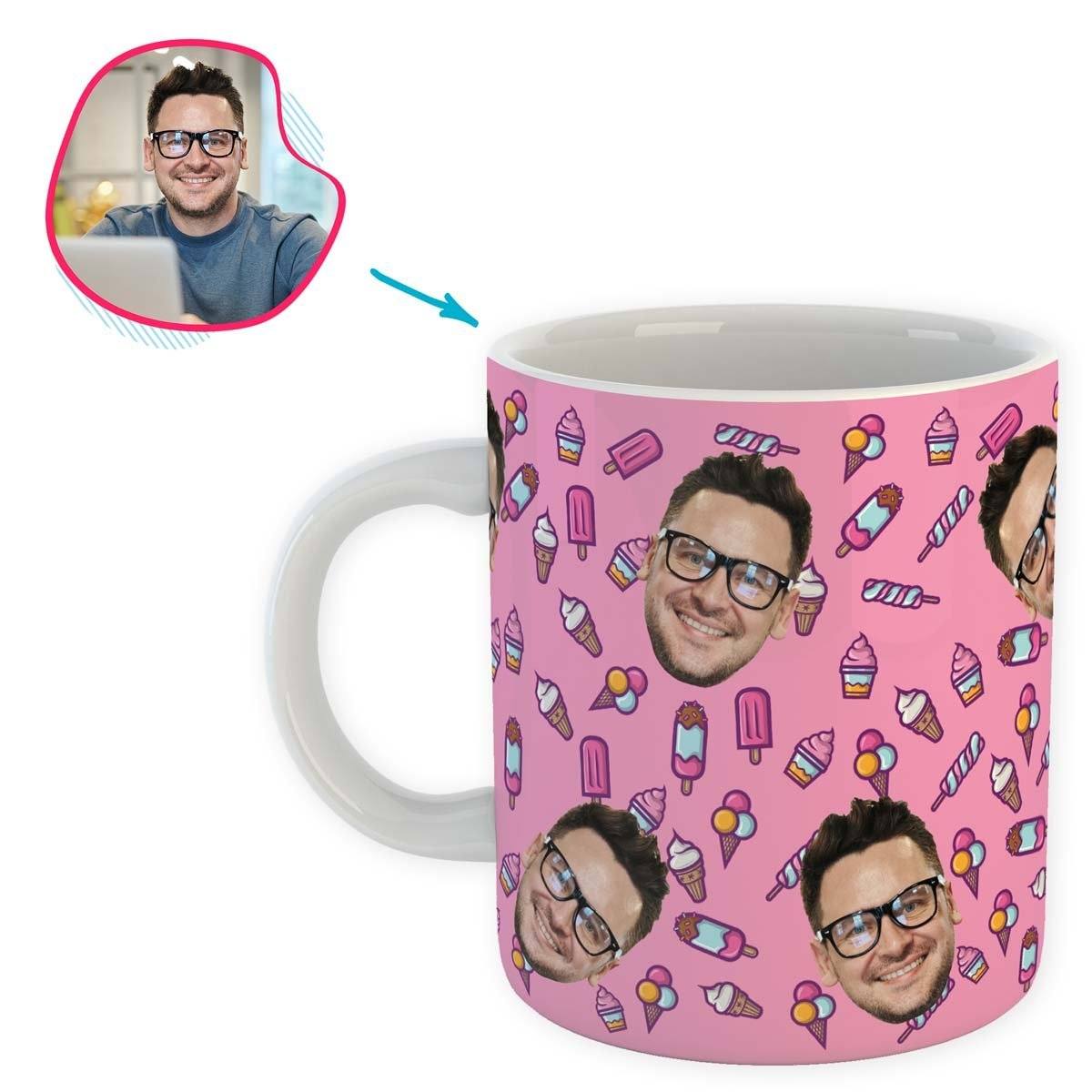 pink Candies mug personalized with photo of face printed on it
