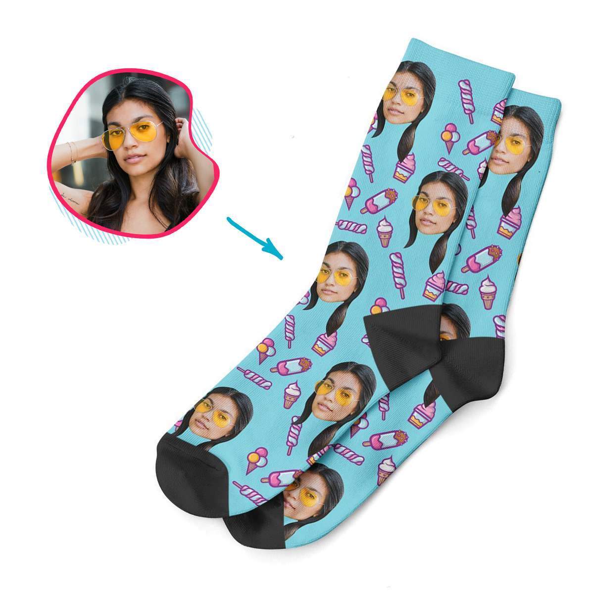 blue Candies socks personalized with photo of face printed on them