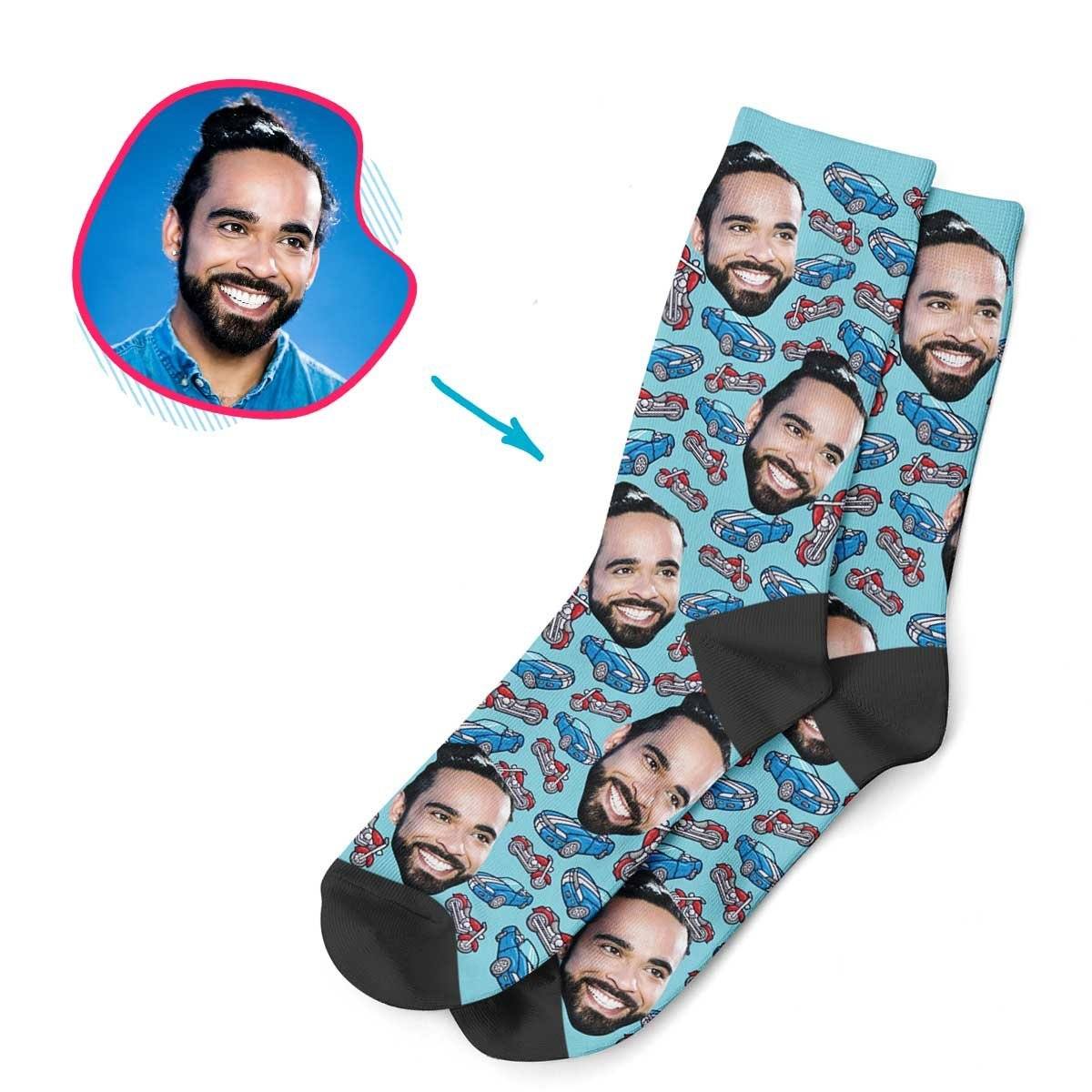 Blue Cars & Motorbikes personalized socks with photo of face printed on them