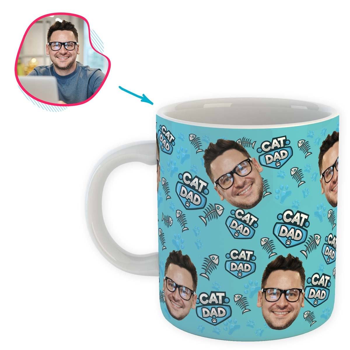 blue Cat Dad mug personalized with photo of face printed on it