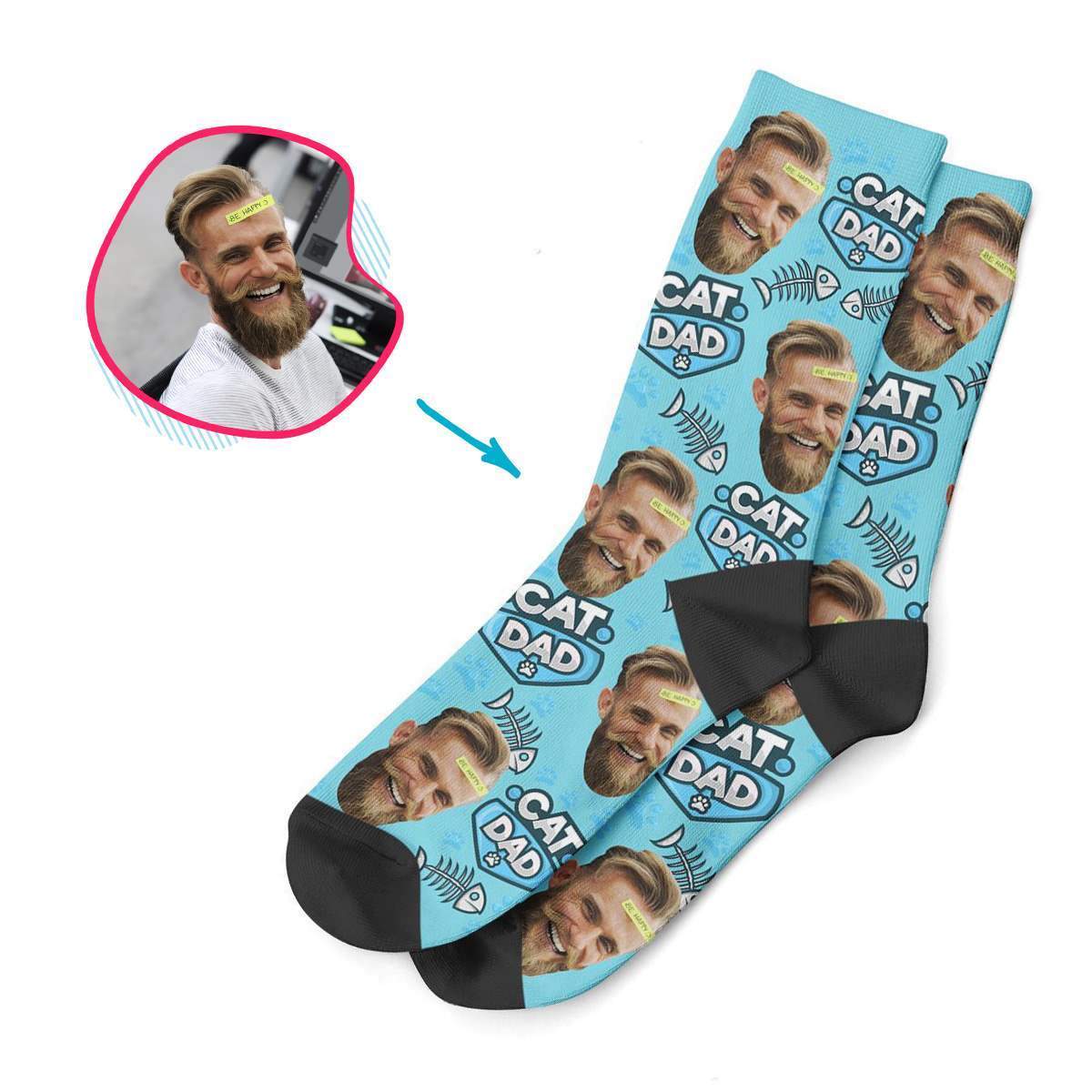 blue Cat Dad socks personalized with photo of face printed on them