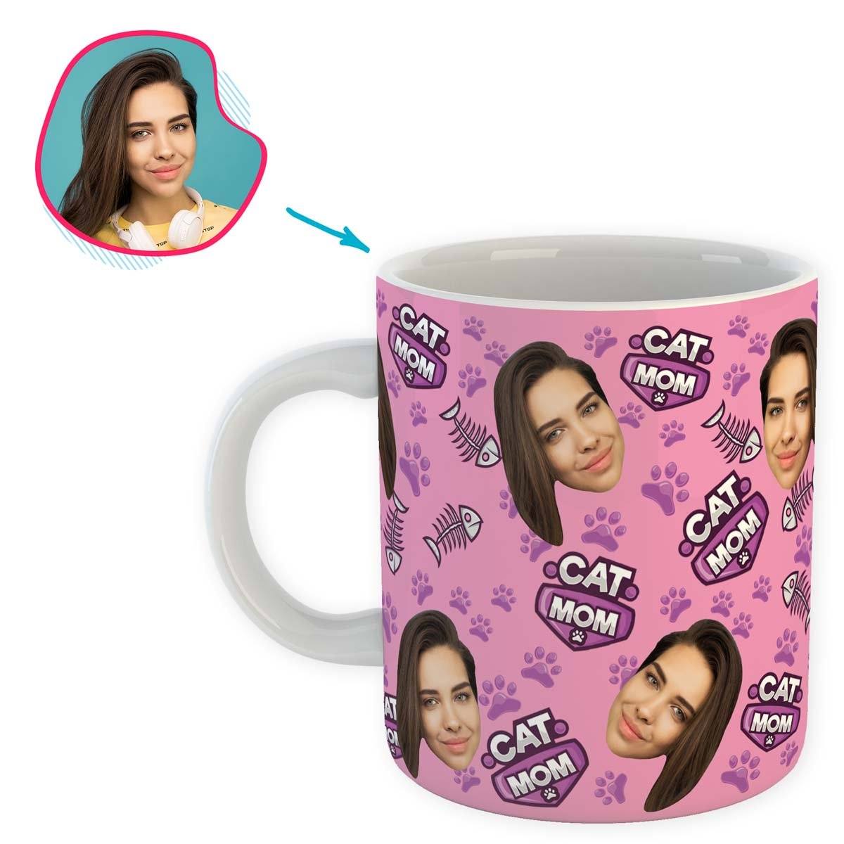 pink Cat Mom mug personalized with photo of face printed on it
