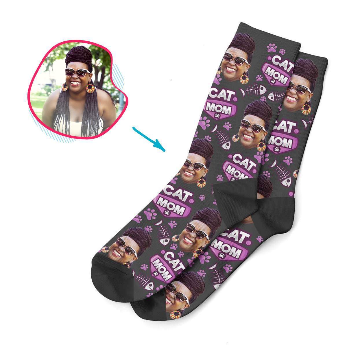dark Cat Mom socks personalized with photo of face printed on them
