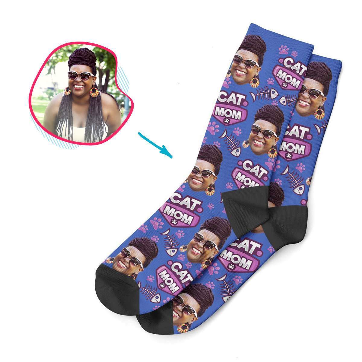 darkblue Cat Mom socks personalized with photo of face printed on them