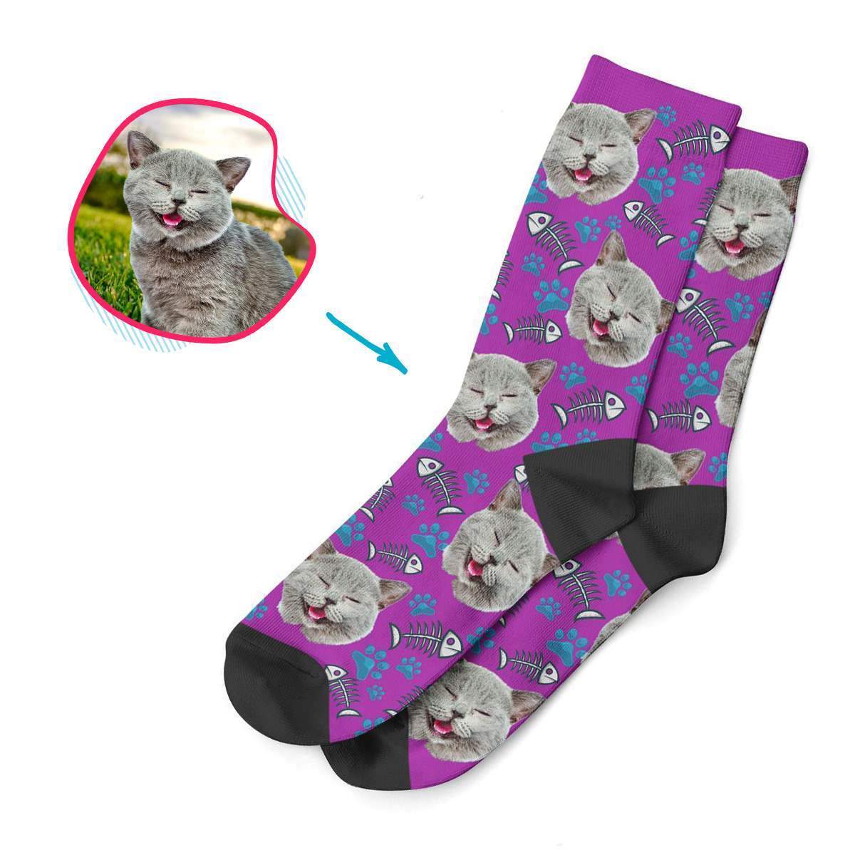 purple Cat socks personalized with photo of face printed on them