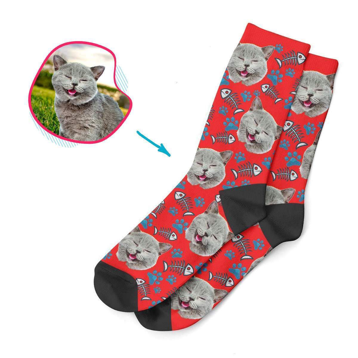 red Cat socks personalized with photo of face printed on them