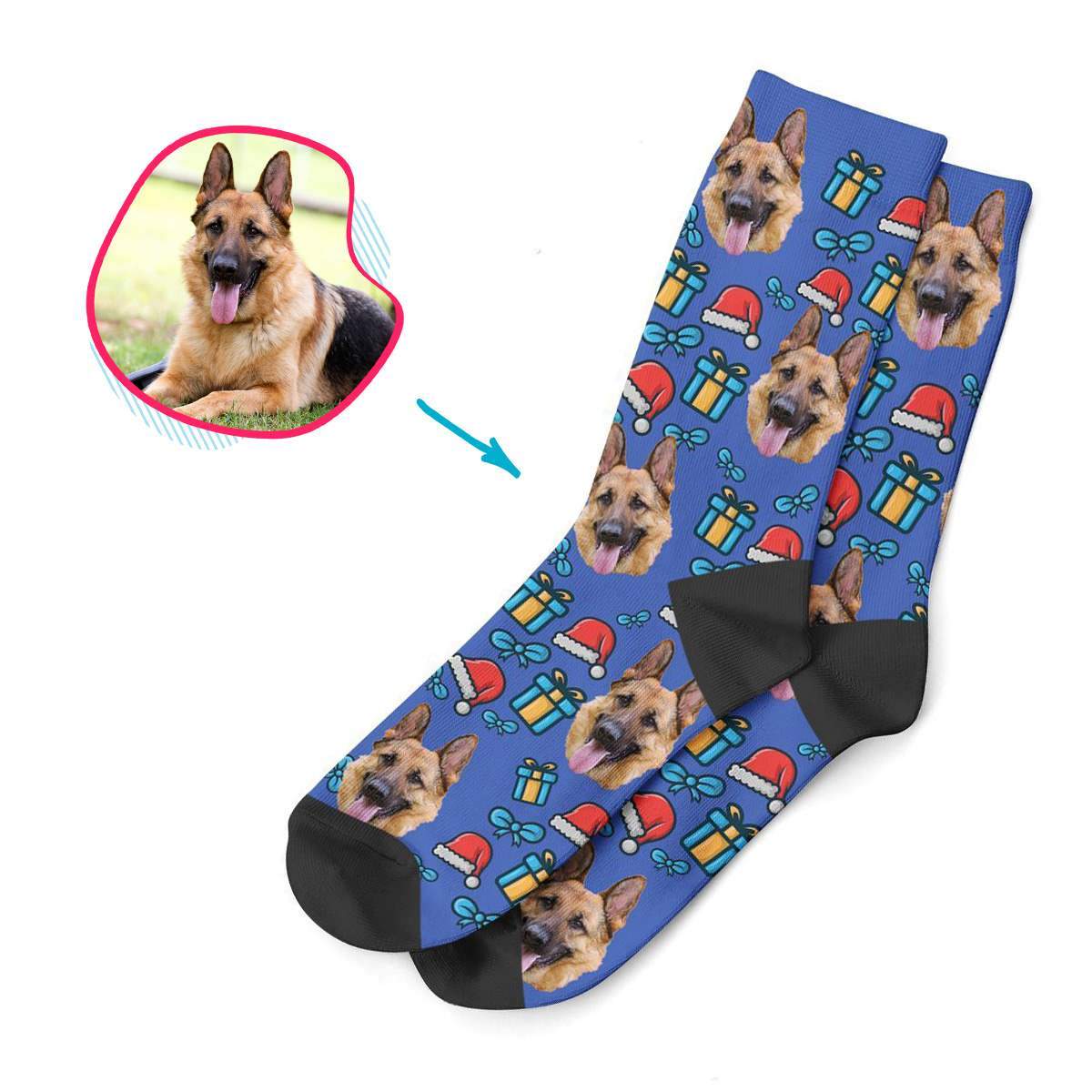 darkblue Christmas Hat socks personalized with photo of face printed on them