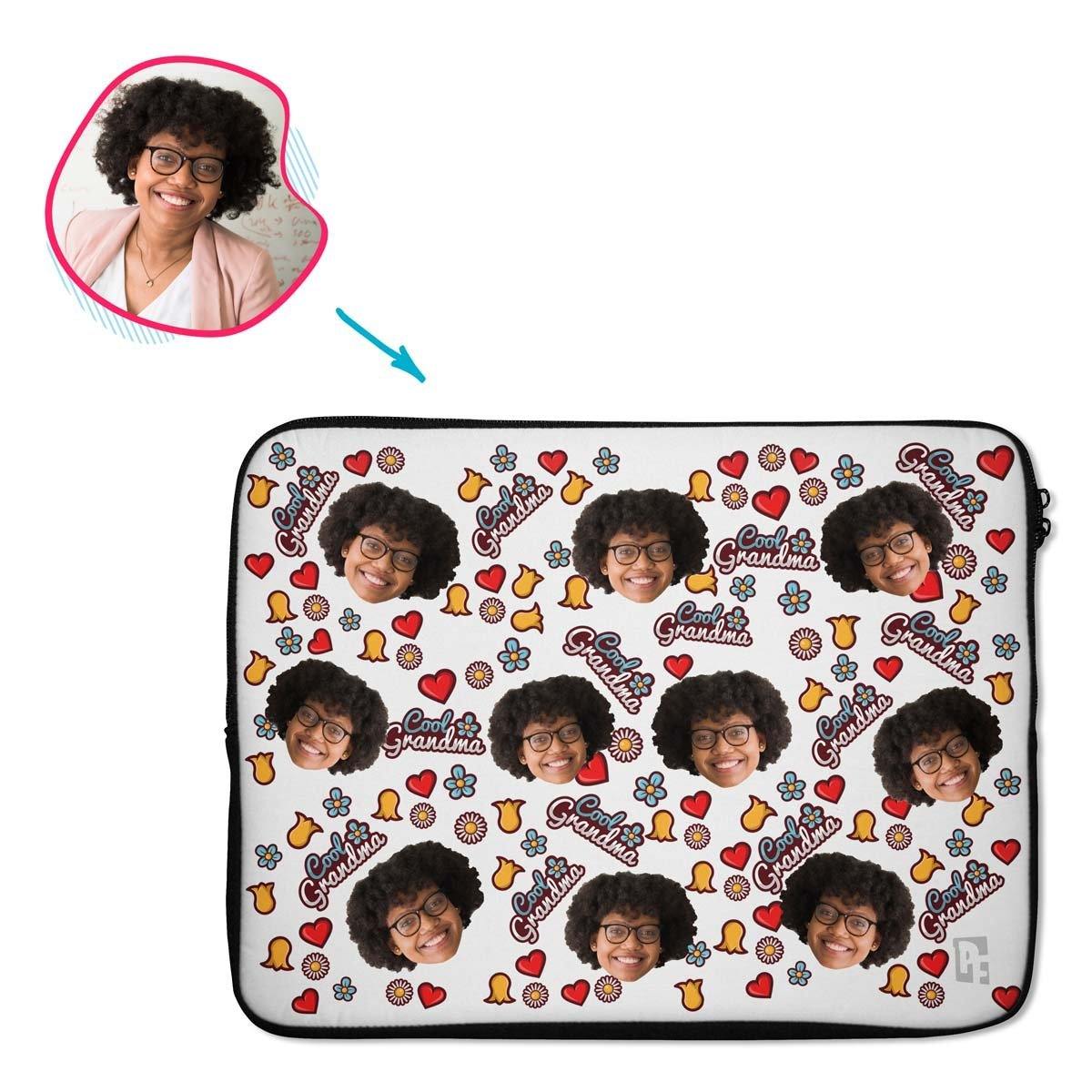 white Cool Grandmother laptop sleeve personalized with photo of face printed on them