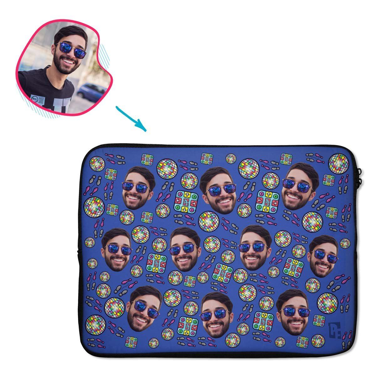 darkblue Dancing laptop sleeve personalized with photo of face printed on them
