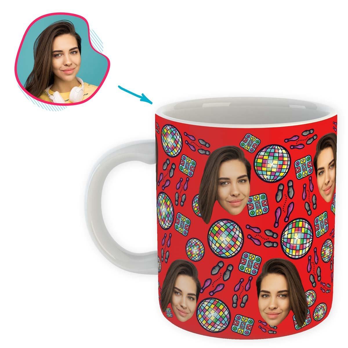 red Dancing mug personalized with photo of face printed on it