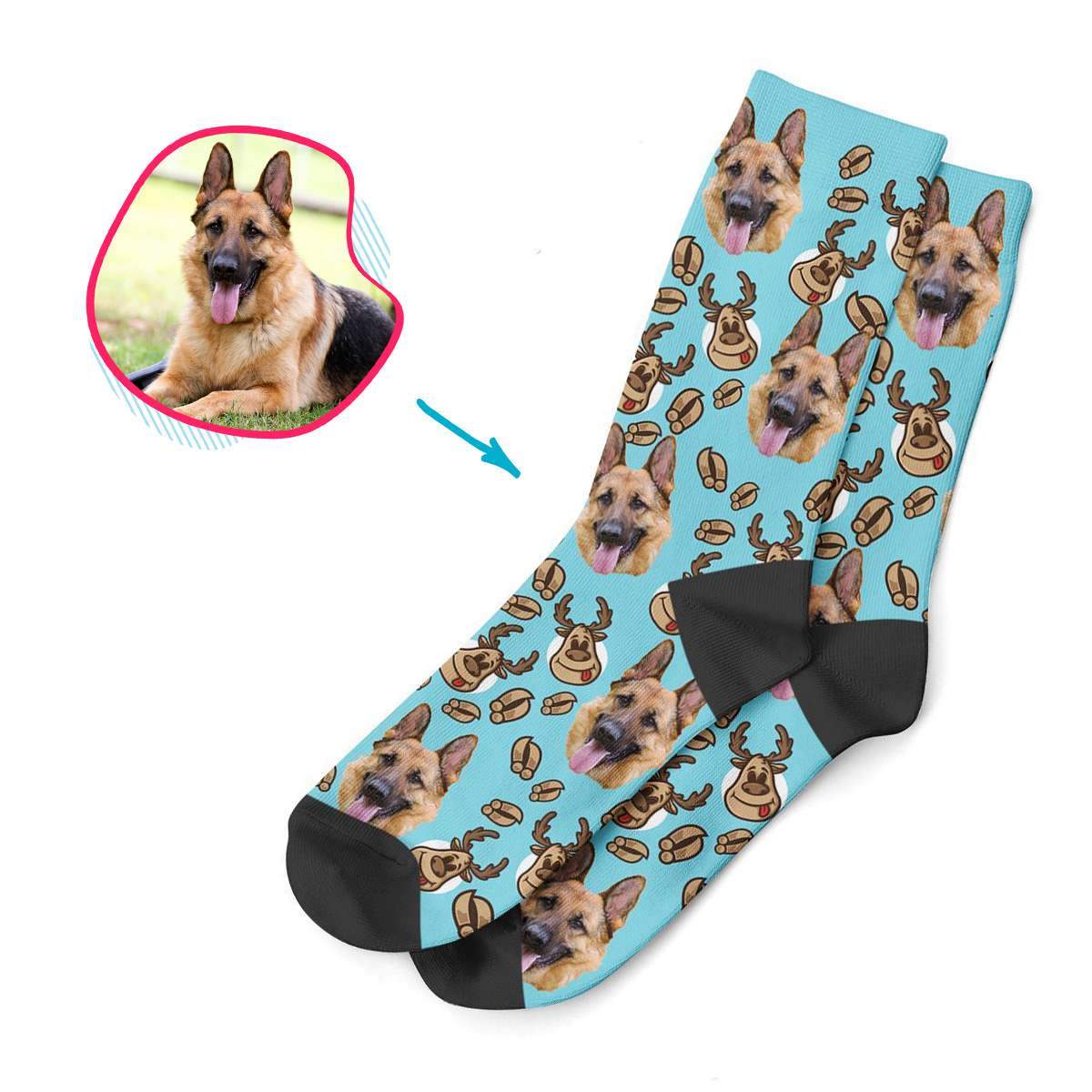 blue Deer Hunter socks personalized with photo of face printed on them
