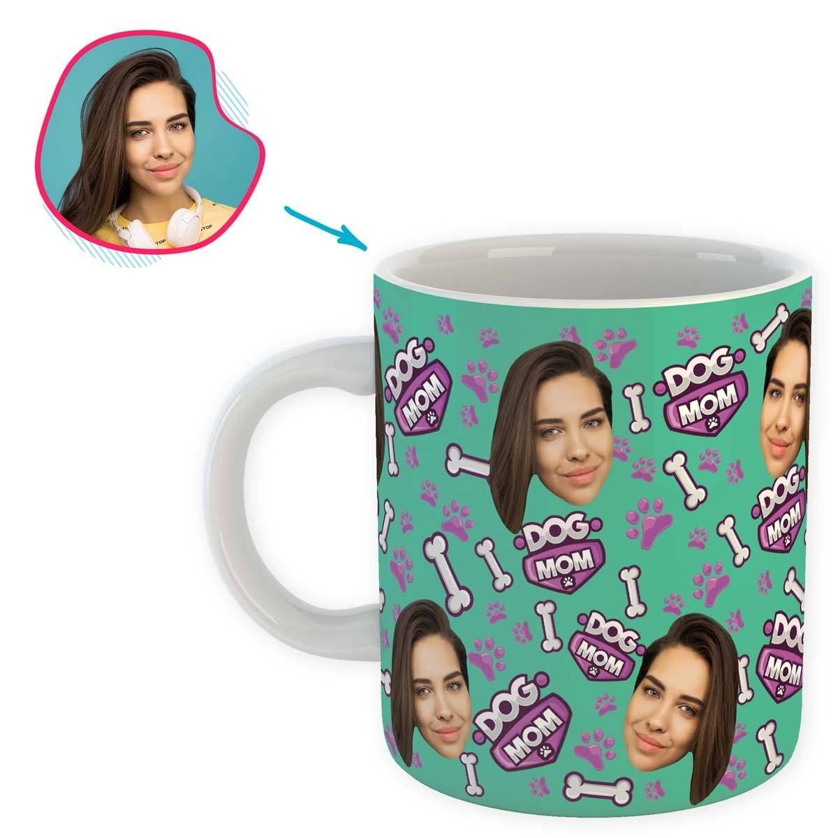 mint Dog Mom mug personalized with photo of face printed on it