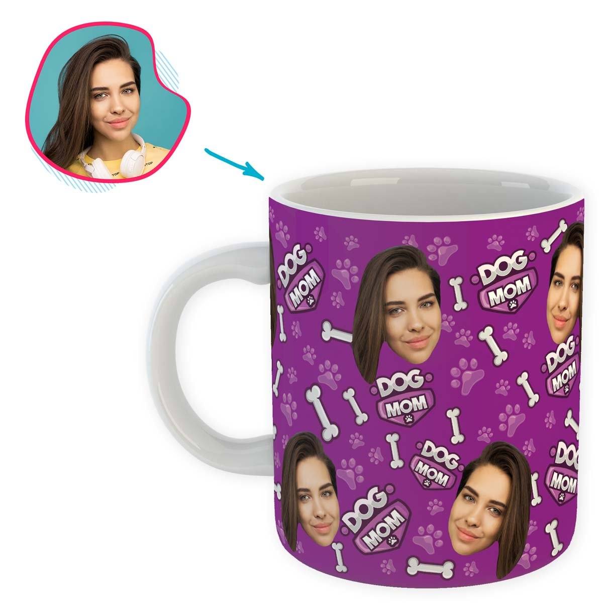purple Dog Mom mug personalized with photo of face printed on it