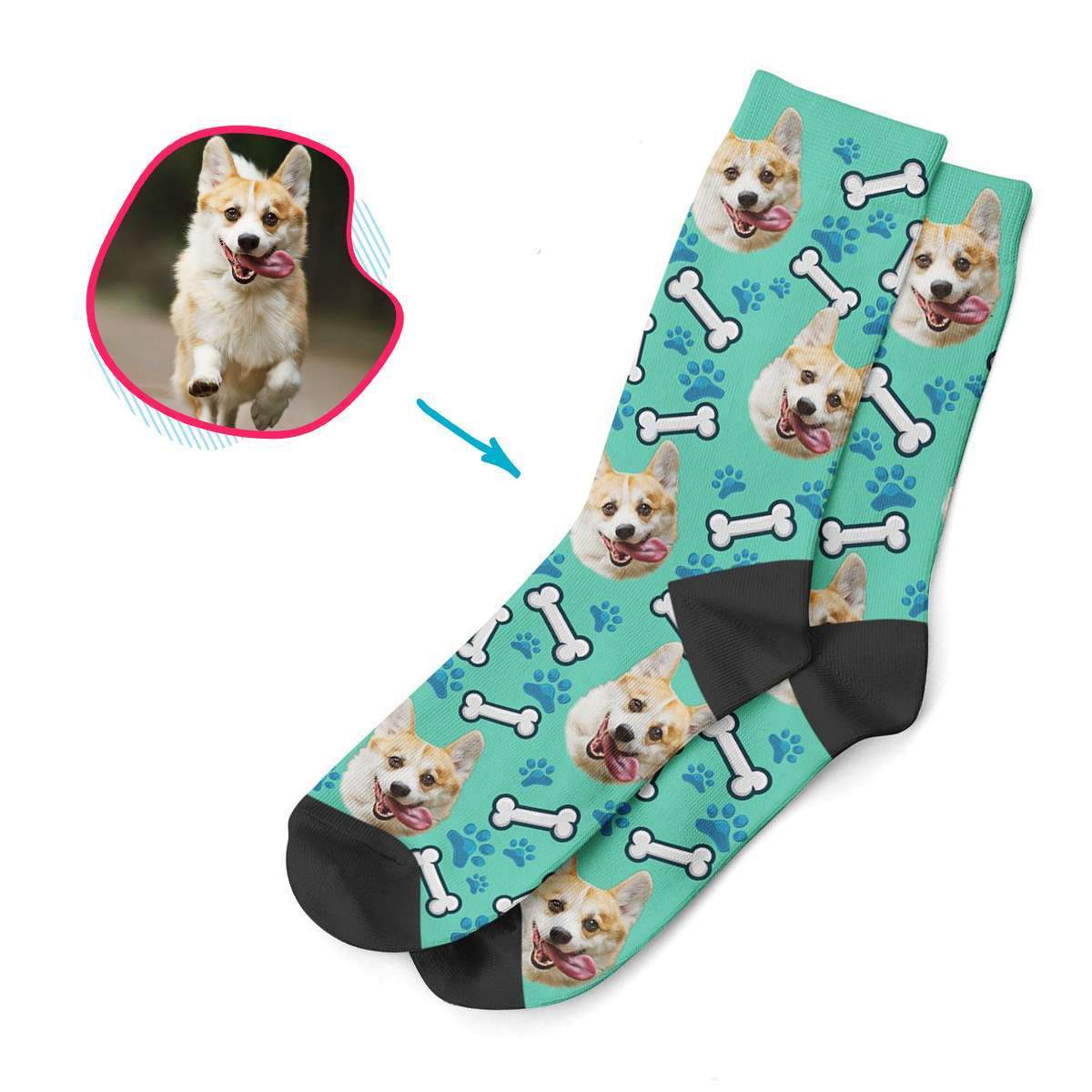 mint Dog socks personalized with photo of face printed on them
