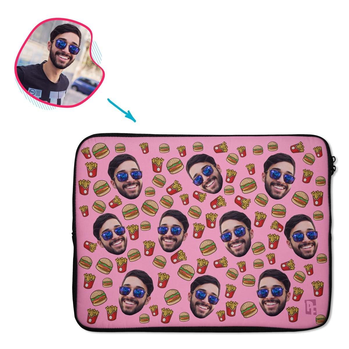 pink Fastfood laptop sleeve personalized with photo of face printed on them