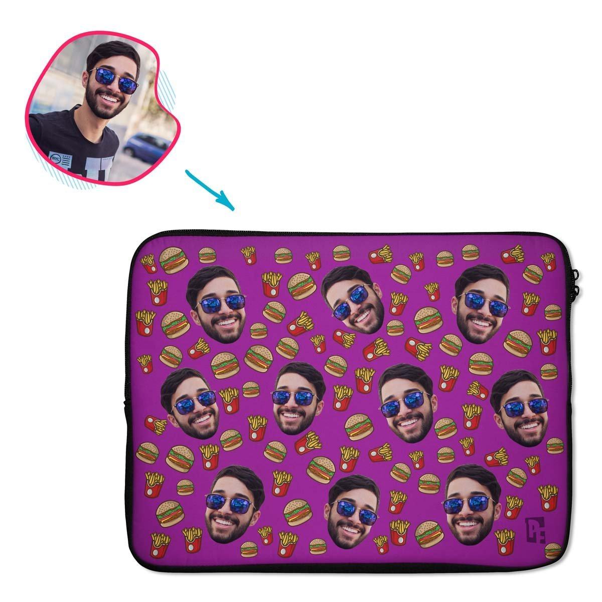 purple Fastfood laptop sleeve personalized with photo of face printed on them