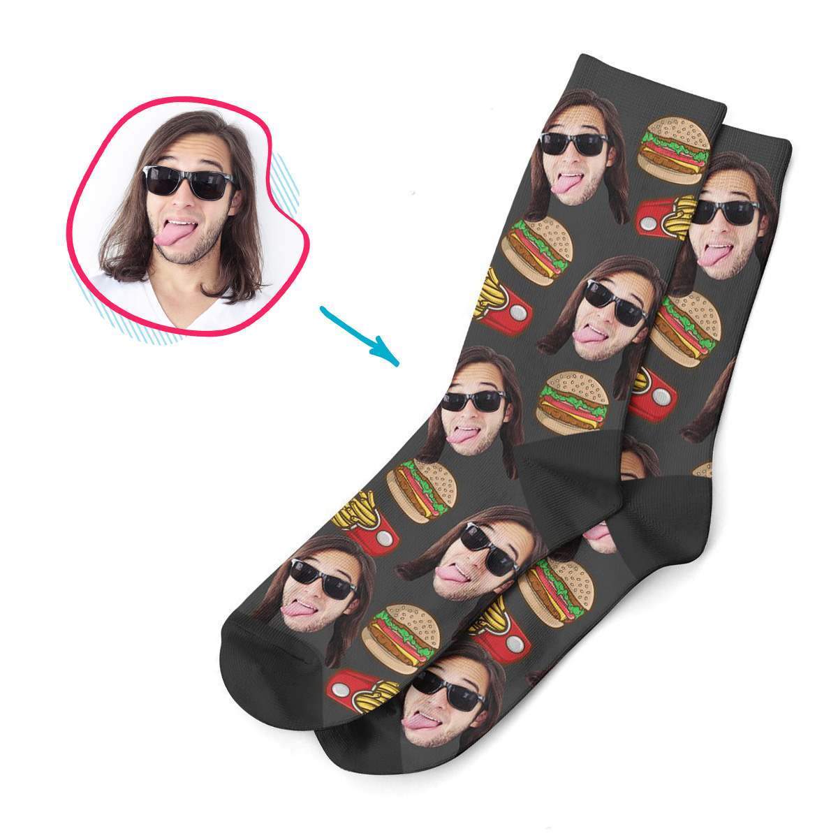 dark Fastfood socks personalized with photo of face printed on them