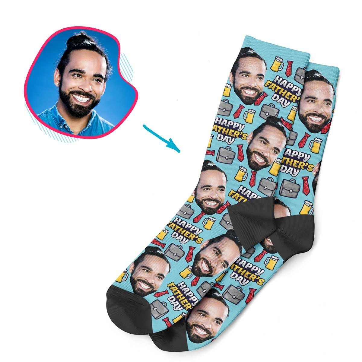 Blue Fathers Day personalized socks with photo of face printed on them