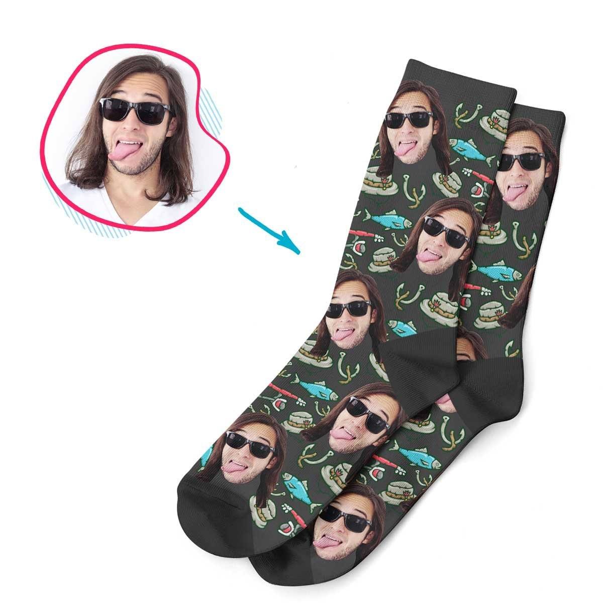 Dark Fishing personalized socks with photo of face printed on them