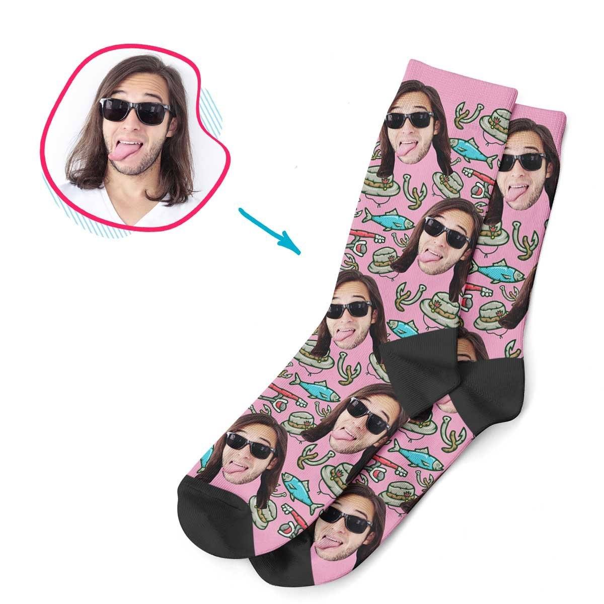 Pink Fishing personalized socks with photo of face printed on them