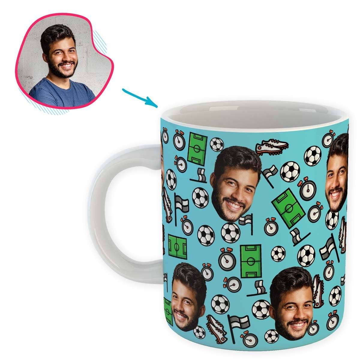 blue Football mug personalized with photo of face printed on it
